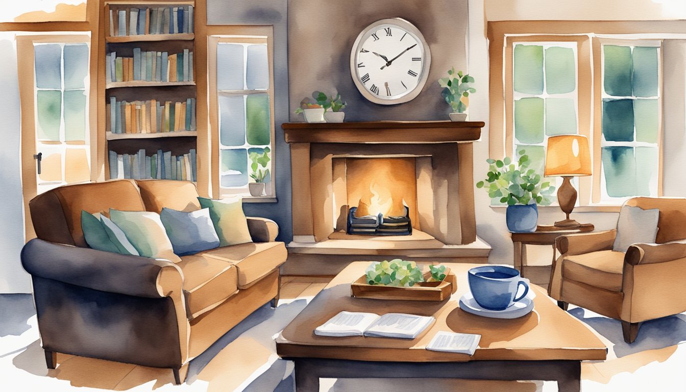 A cozy living room with a fireplace, comfortable chairs, and a table covered with financial planning books and documents.</p><p>A calendar on the wall marks important dates for retirement savings