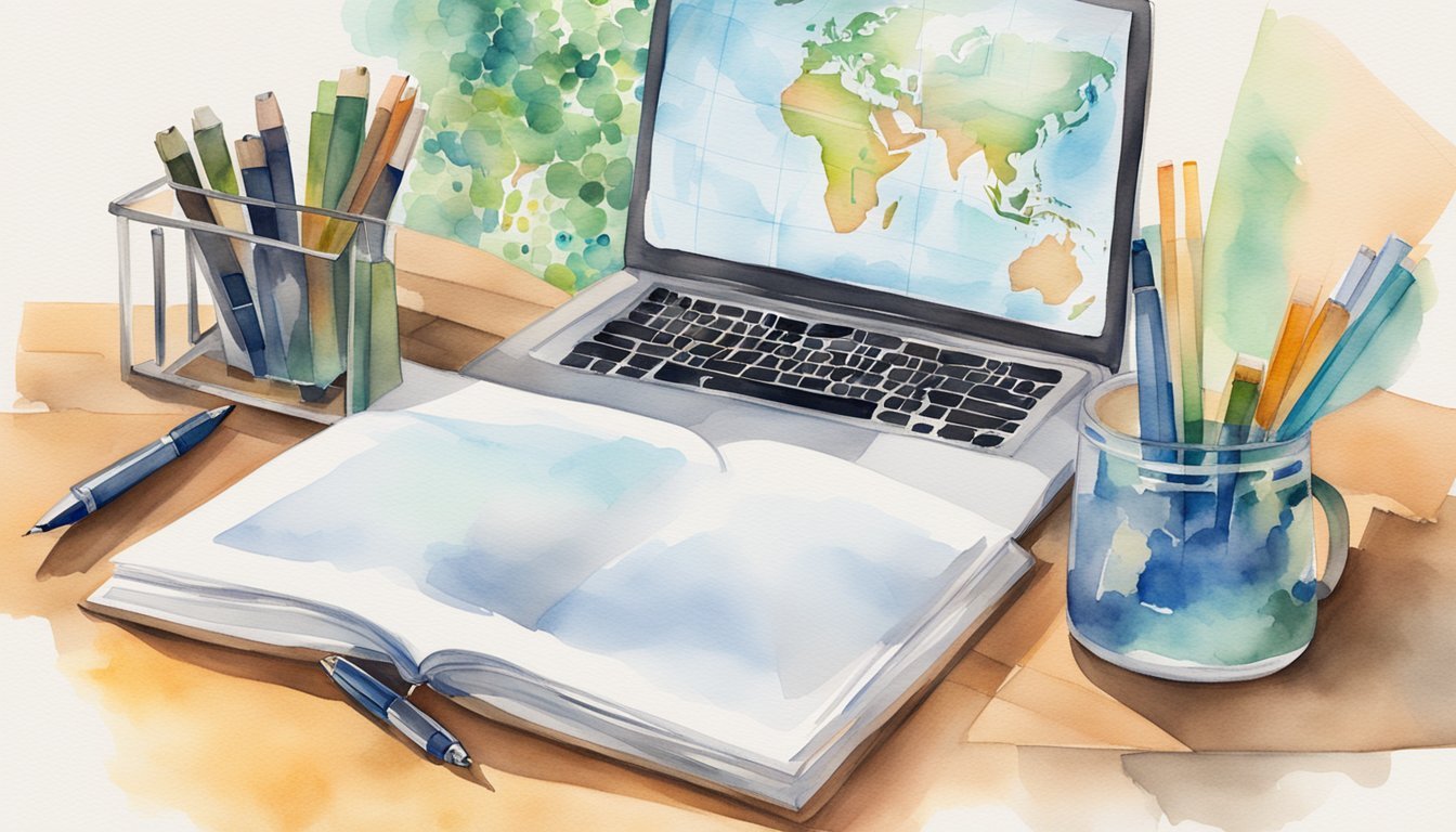 A desk with a laptop, notebook, and pen.</p><p>A graph showing diverse investments.</p><p>A globe and stack of books for research