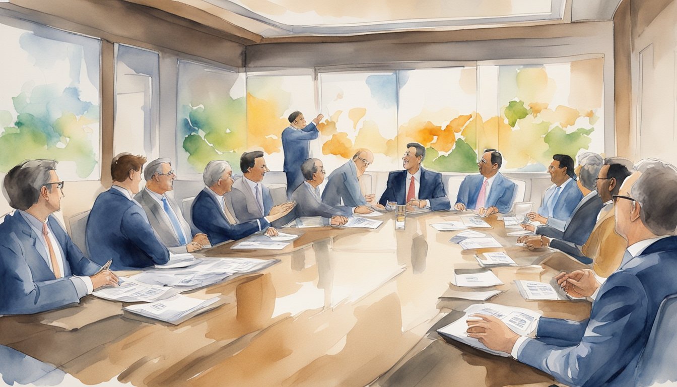 A boardroom table surrounded by eager investors, each holding a dossier labeled with a different investment opportunity.</p><p>The room is filled with excitement and anticipation as the group discusses the potential of each opportunity