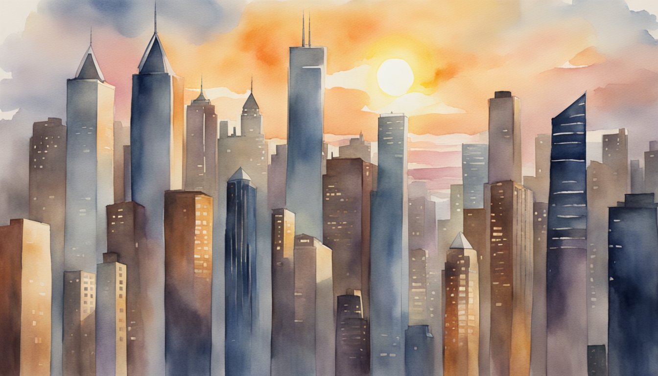 A bustling city skyline with skyscrapers and financial district buildings, with the sun setting in the background, casting a warm glow over the scene