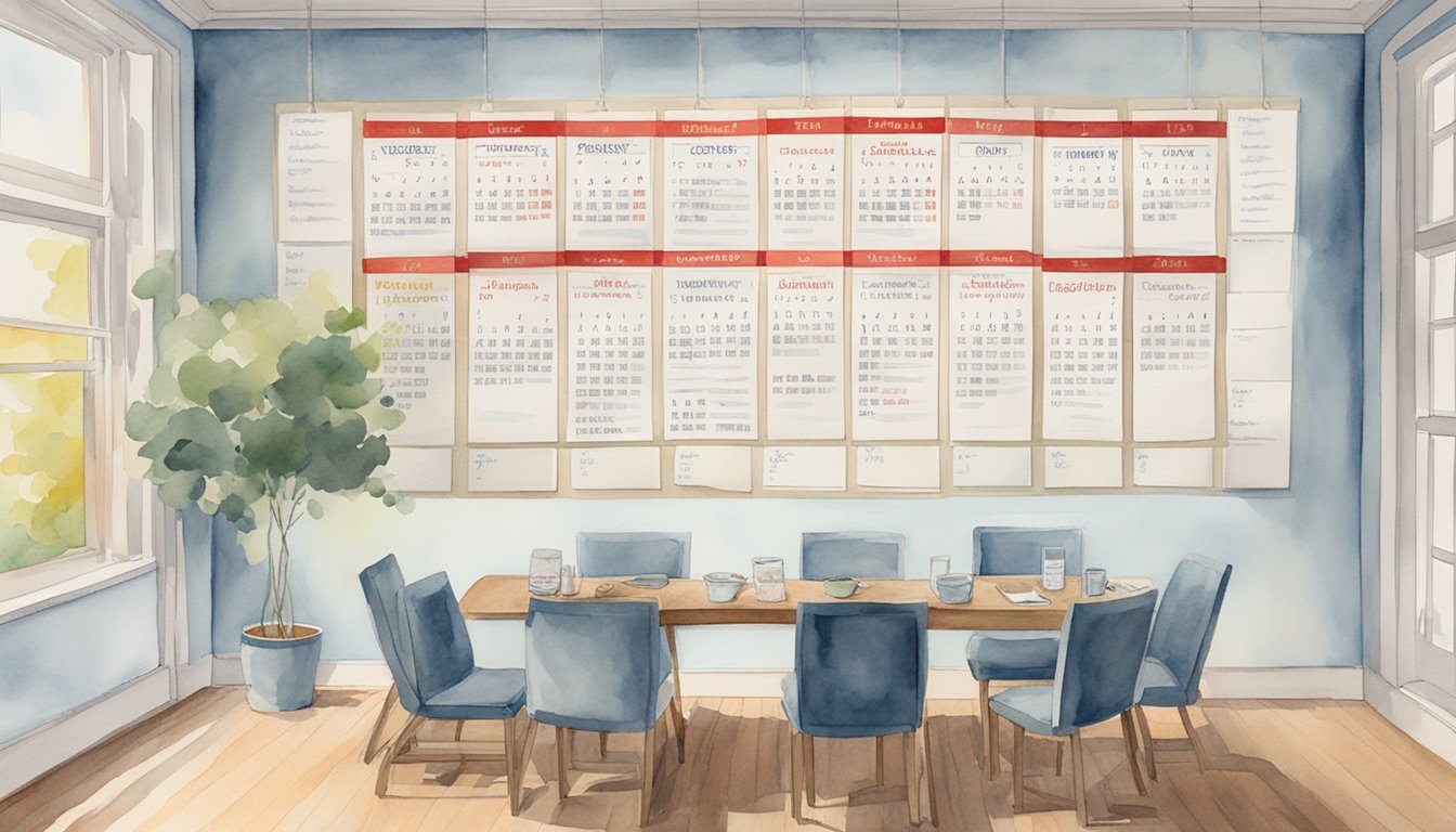 A table with 10 stock certificates arranged neatly, each labeled with the name of a different company.</p><p>A calendar on the wall shows the days of the month, with a big red circle around each monthly dividend payment date