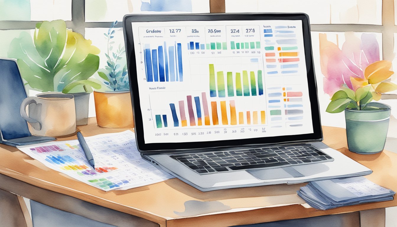 A table with financial charts and graphs, a laptop displaying stock data, and a calendar highlighting monthly dividend payment dates