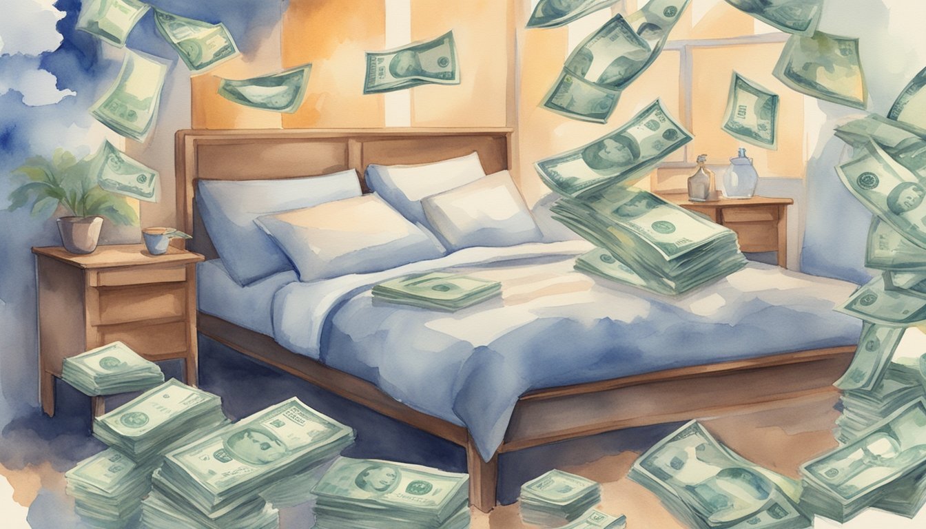 Various sources of passive income (e.g. rental properties, dividend stocks, affiliate marketing) depicted with symbols and visual representations of money flowing in while people sleep