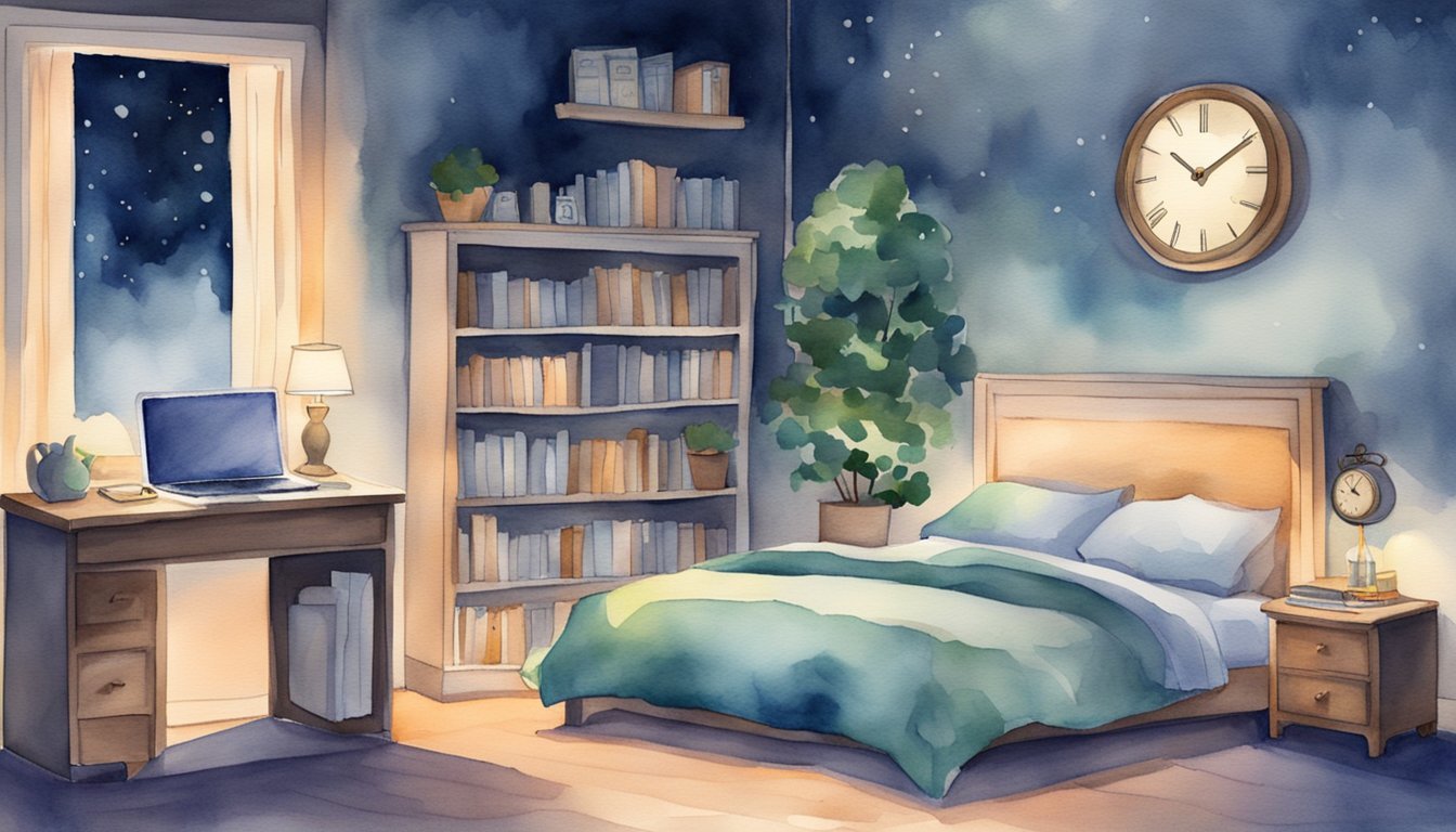 A serene bedroom with a cozy bed, a laptop, a bookshelf, and a piggy bank.</p><p>A clock on the wall shows midnight, symbolizing making money while sleeping