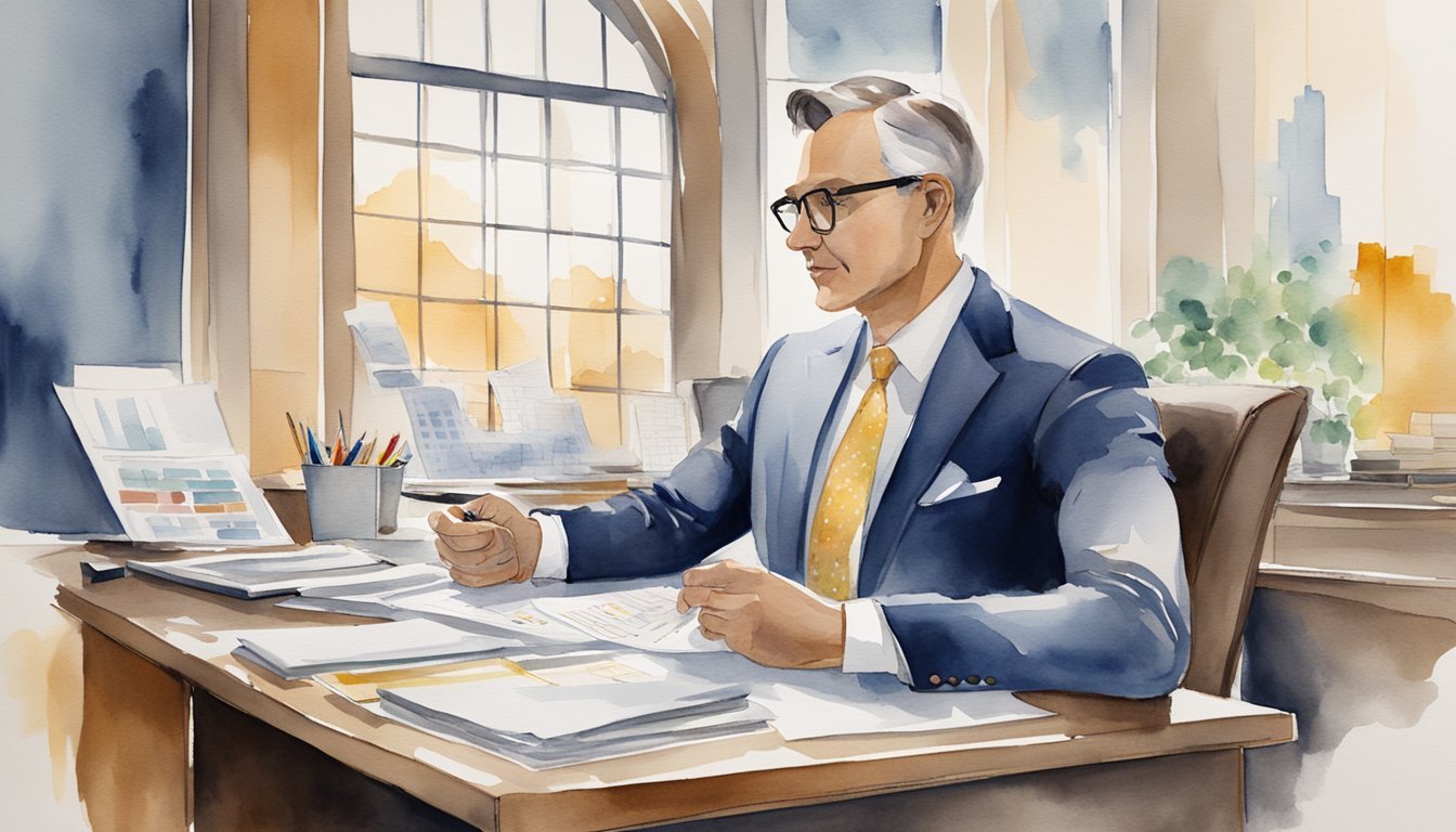 A well-dressed advisor sits at a desk, surrounded by financial charts and graphs.</p><p>They are engaged in conversation with a client, offering guidance and expertise