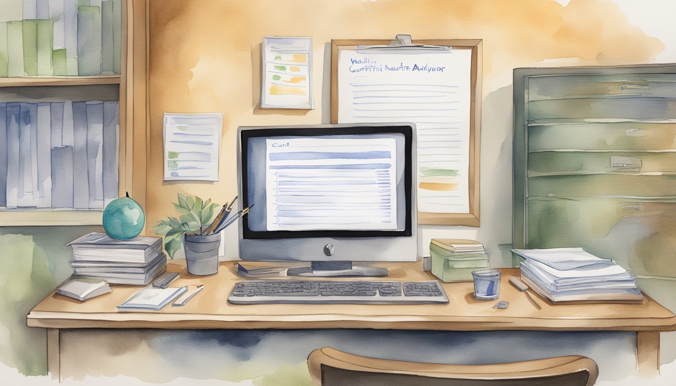 A desk with a computer displaying a list of certifications, a pen, and a notepad with "7 Key Tips" written on it.</p><p>A plaque on the wall reads "Wealth Management Advisor."