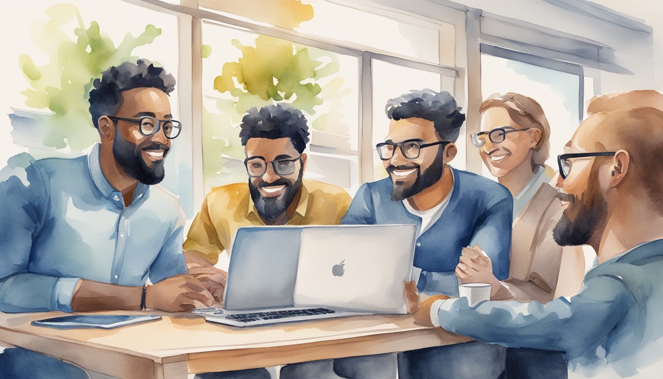 A diverse group of investors gather around a computer, excitedly discussing various property types and crowdfunding options for real estate investment