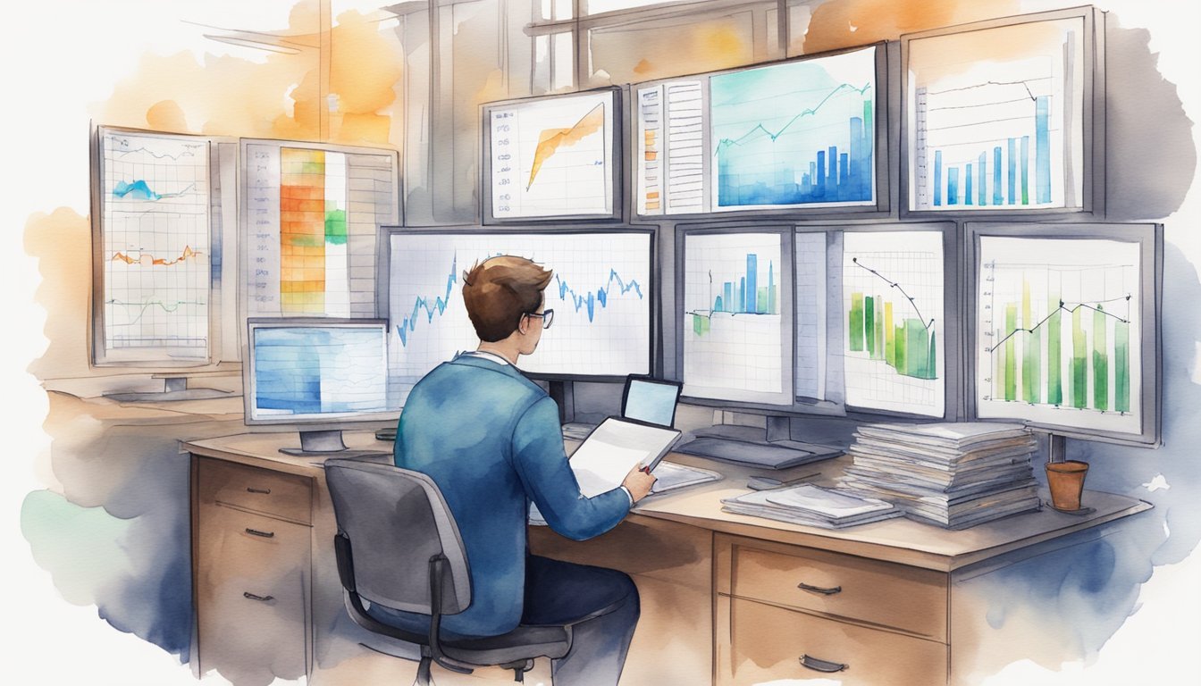 A computer screen displays stock charts, while a person takes notes.</p><p>Books on technical analysis and trading sit nearby.</p><p>Charts and graphs cover the walls