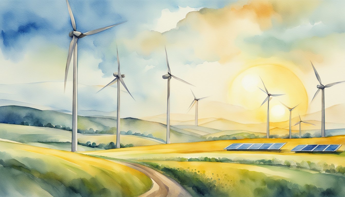 A bright sun shines over a field of wind turbines and solar panels, symbolizing the growth and potential of renewable energy stocks