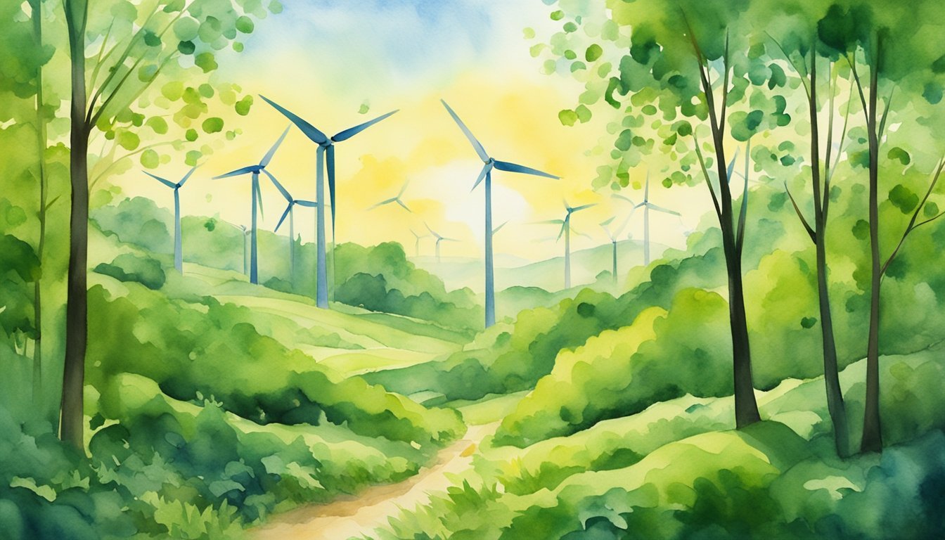 A lush green forest with wind turbines scattered throughout, symbolizing renewable energy investment.</p><p>The sun is shining, birds are flying, and the scene exudes a sense of sustainability and hope for the future