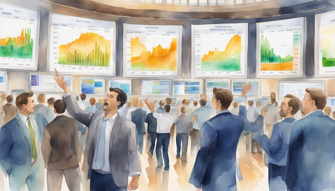 A bustling stock exchange floor with traders gesturing and shouting, surrounded by digital screens displaying renewable energy stock prices and charts