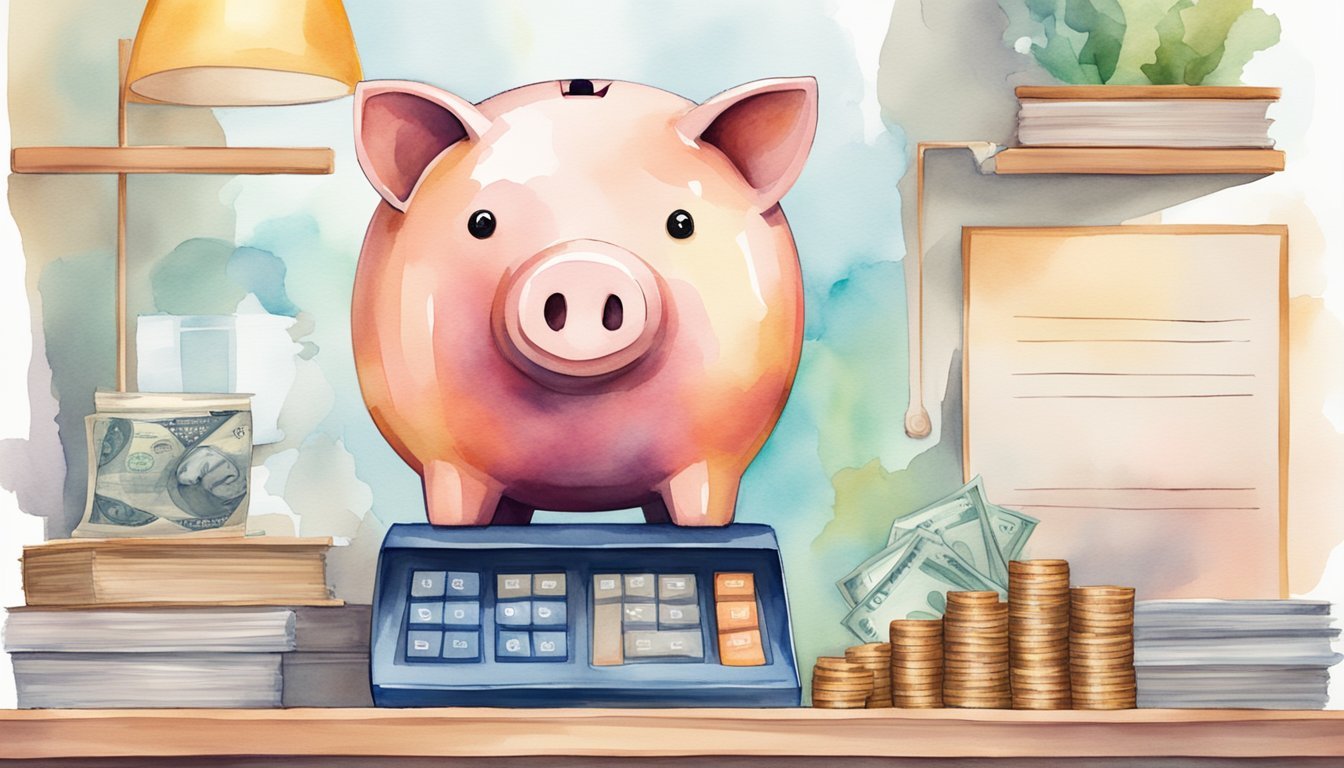 A piggy bank sits on a shelf, filled with coins and bills.</p><p>A chart on the wall shows progress towards a savings goal.</p><p>A stack of financial books and a calculator are nearby