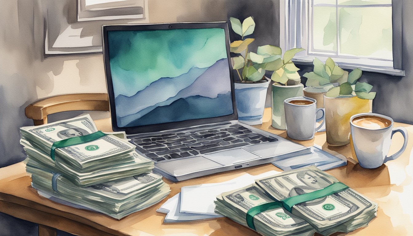 A desk cluttered with a laptop, notepads, and coffee mugs.</p><p>A stack of cash and a contract with "Big Bucks" written on it