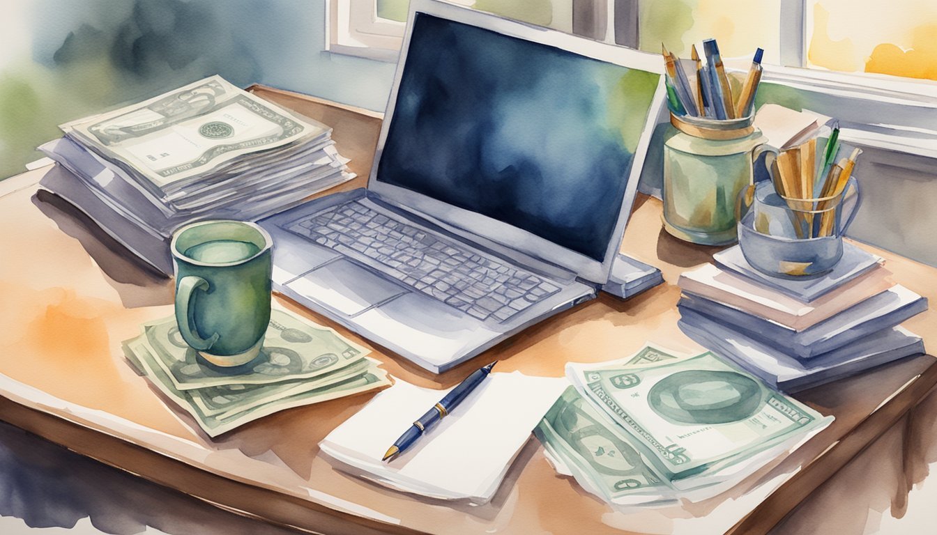 A desk with a laptop, notepad, and pen.</p><p>A stack of money and a contract on the desk.</p><p>A trophy and framed certificates on the wall