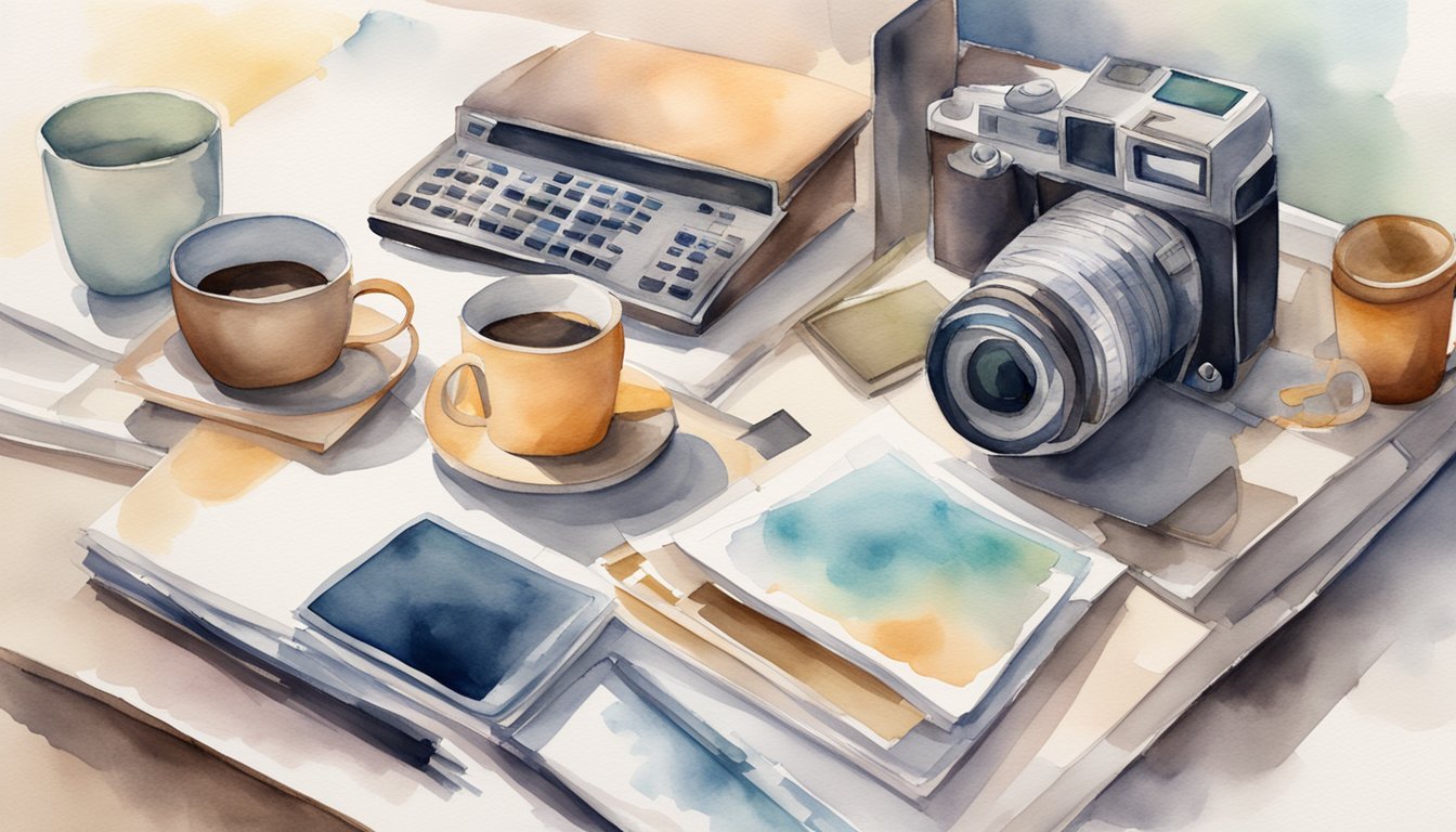 A camera sitting on a table surrounded by various objects such as a laptop, a stack of printed photos, a calculator, and a cup of coffee