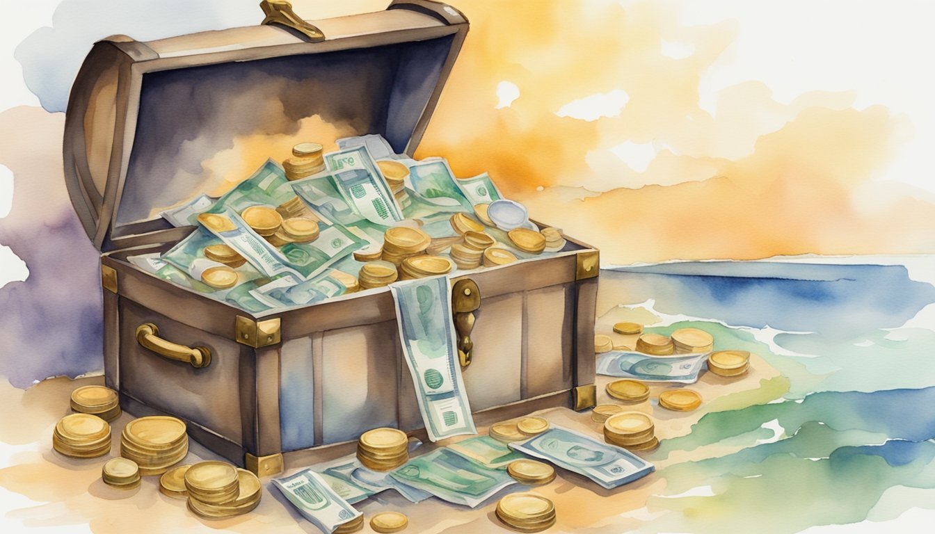 Various income streams flow effortlessly into a treasure chest, symbolizing passive income.</p><p>Dividends, royalties, and rental income are depicted as flowing into the chest