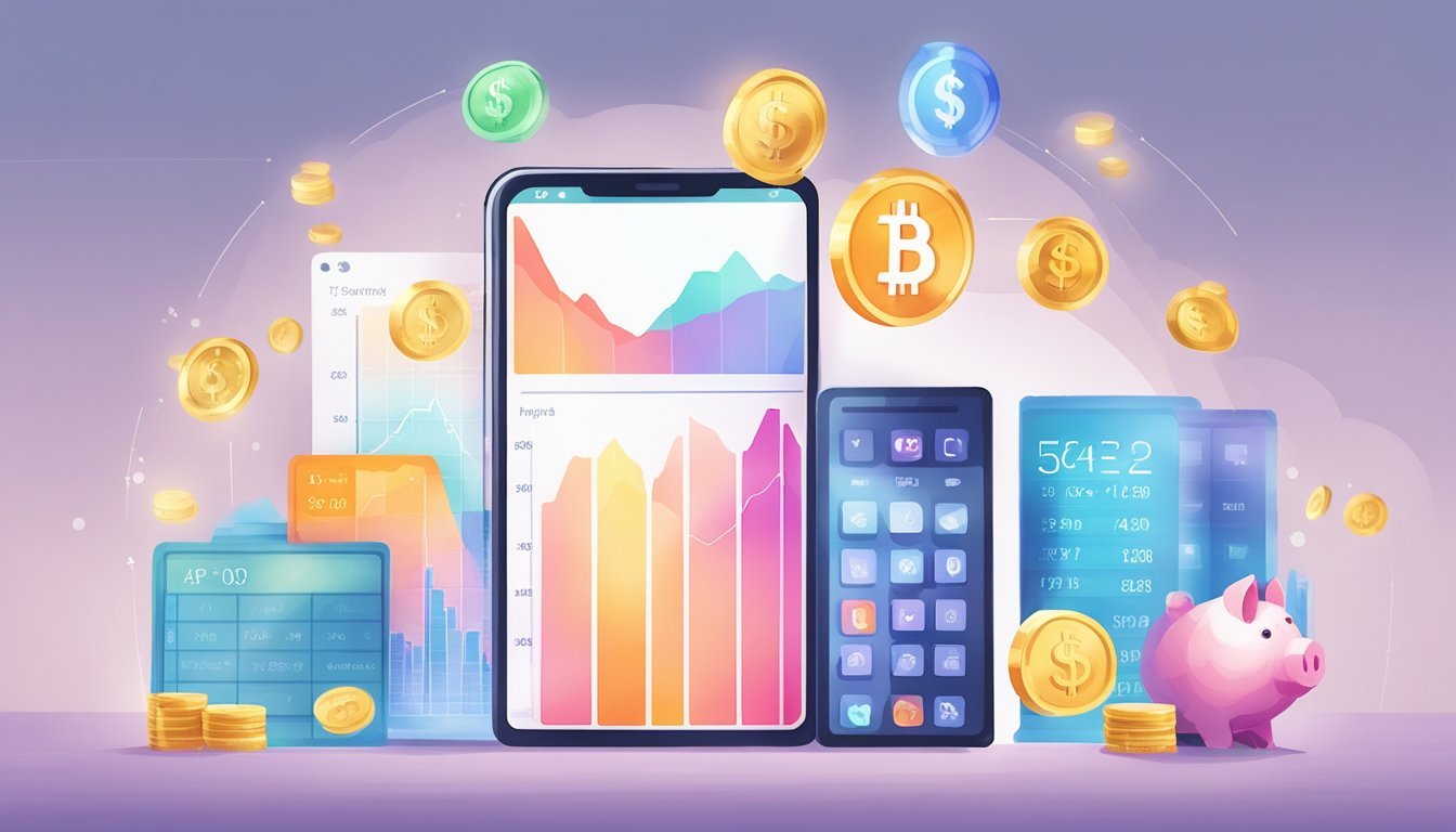 A smartphone displaying various budgeting app icons with a stack of coins and a piggy bank in the background.</p><p>The screen shows colorful charts and graphs representing financial data