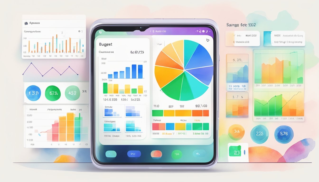 A smartphone with the Fudget app open, showing colorful charts and graphs displaying budgeting and savings data for the year 2024