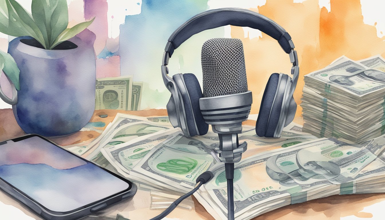 A microphone surrounded by stacks of money and financial charts, with headphones and a list of "Top 10 Financial Podcasts" in the background