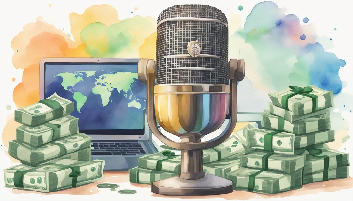 A microphone surrounded by stacks of money and financial charts, with the Planet Money logo in the background