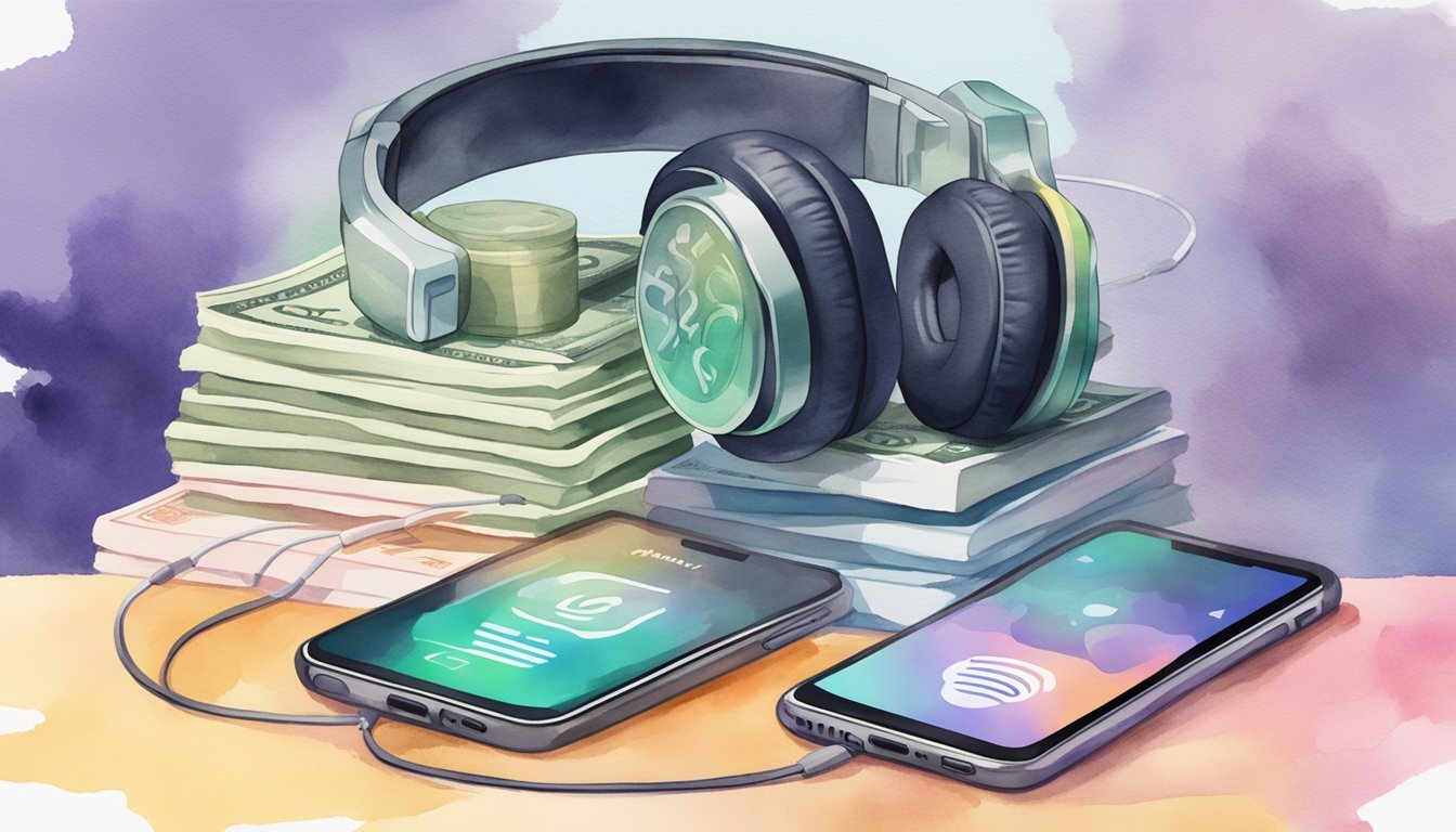 A stack of money with a podcast logo on top, surrounded by headphones and a smartphone playing financial podcasts