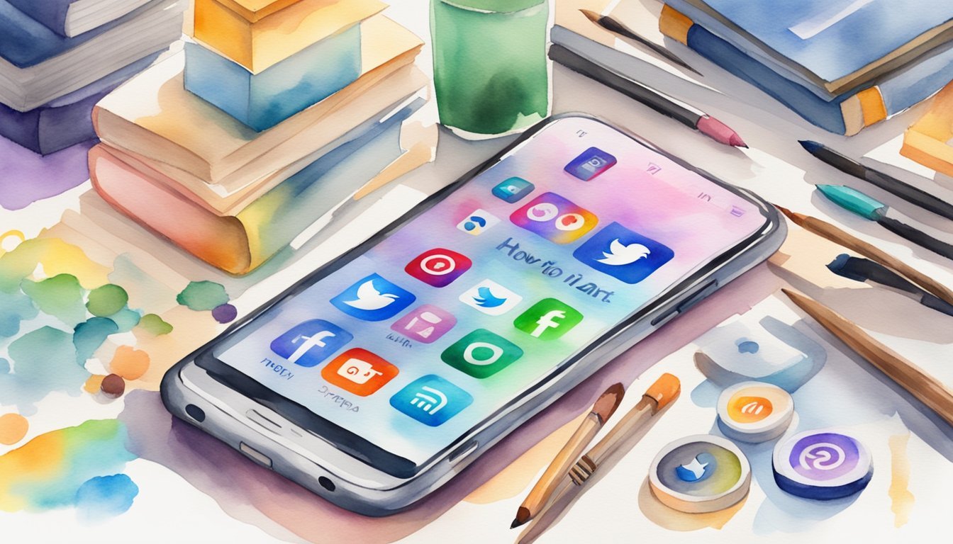 A smartphone with social media apps open, surrounded by various art supplies and a stack of art books.</p><p>A "How to Invest in Art" article displayed on the screen