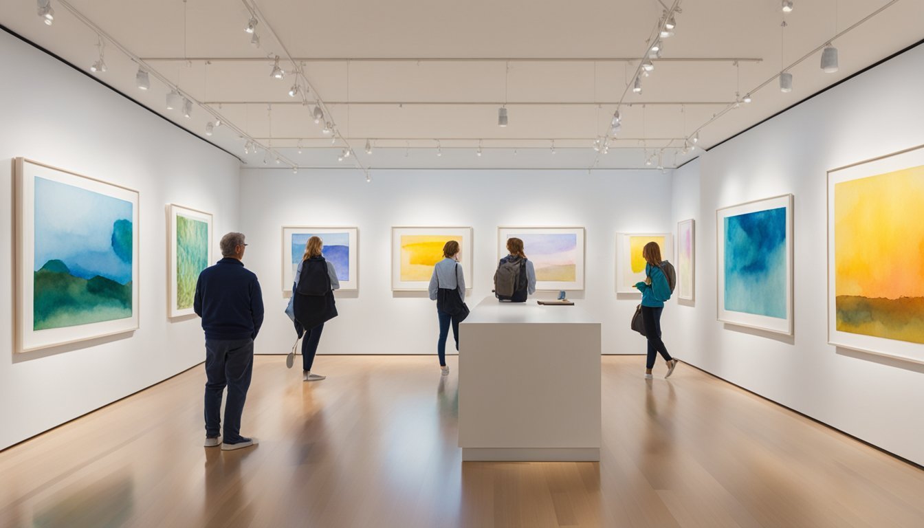 Vibrant artwork fills gallery walls, while visitors admire and discuss pieces.</p><p>Light streams in through large windows, illuminating the diverse collection