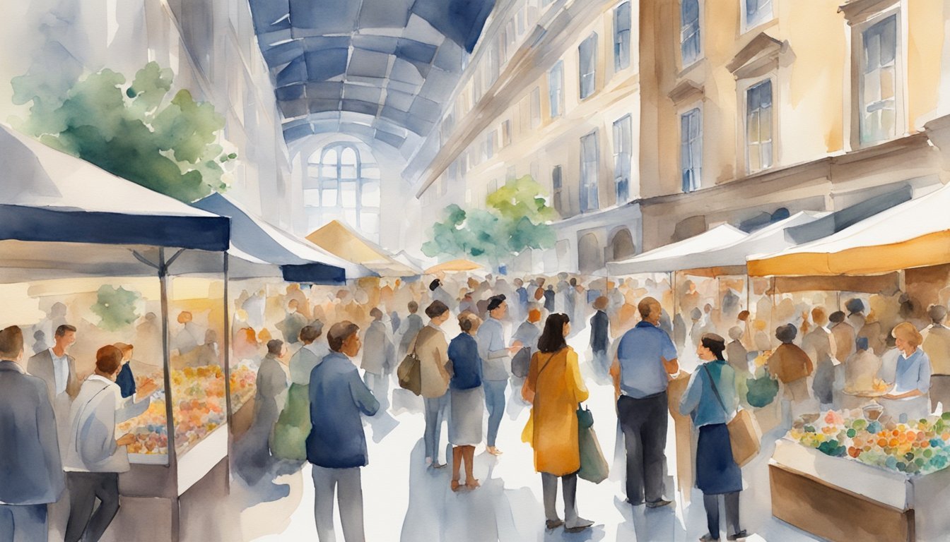 A bustling art market with diverse artworks on display, investors observing and discussing pieces, and a sense of excitement and opportunity in the air