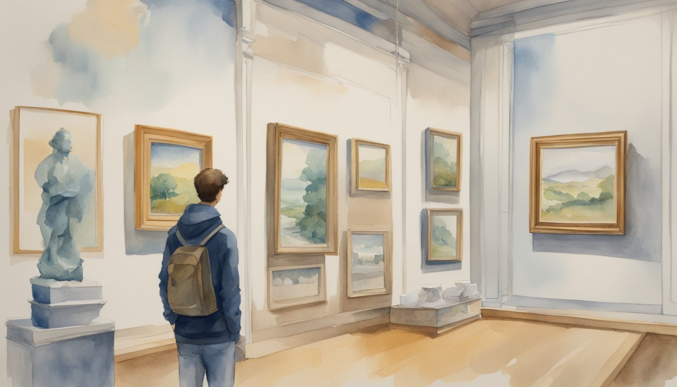 A person browsing a gallery, examining various artworks with a thoughtful expression.</p><p>The walls are adorned with paintings and sculptures, creating a serene and contemplative atmosphere