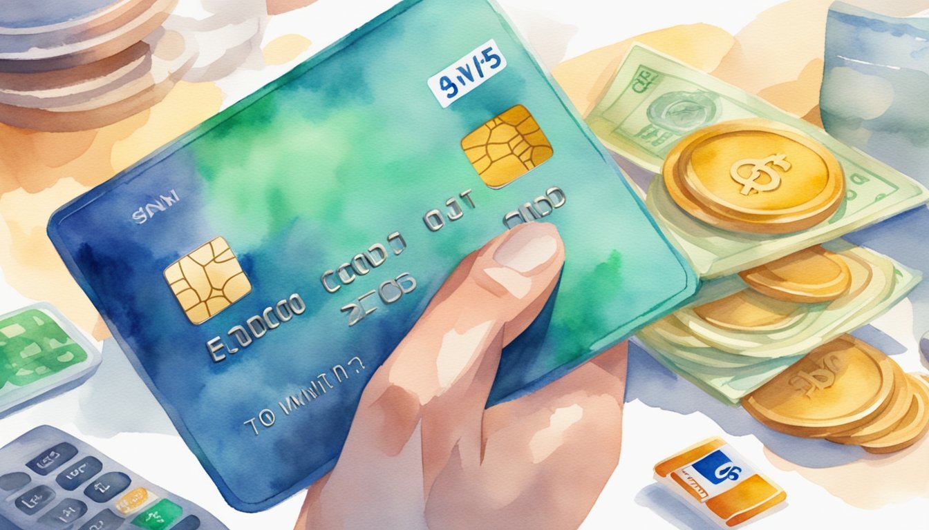 A person swiping a credit card to make a purchase, while a variety of rewards options such as cash back, travel points, and discounts are depicted floating around the card