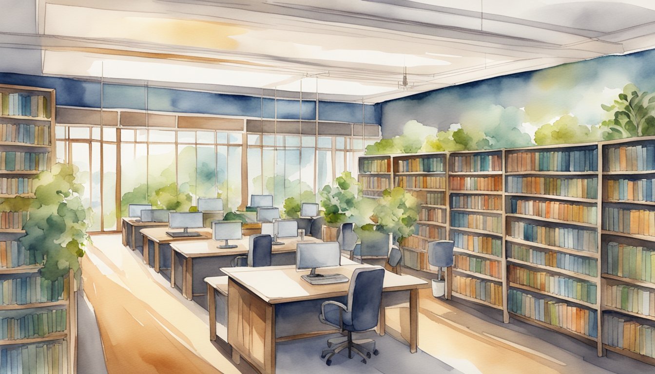 A modern library with rows of books on investing and trading.</p><p>Computer stations and comfortable seating for online courses.</p><p>Bright, inviting atmosphere