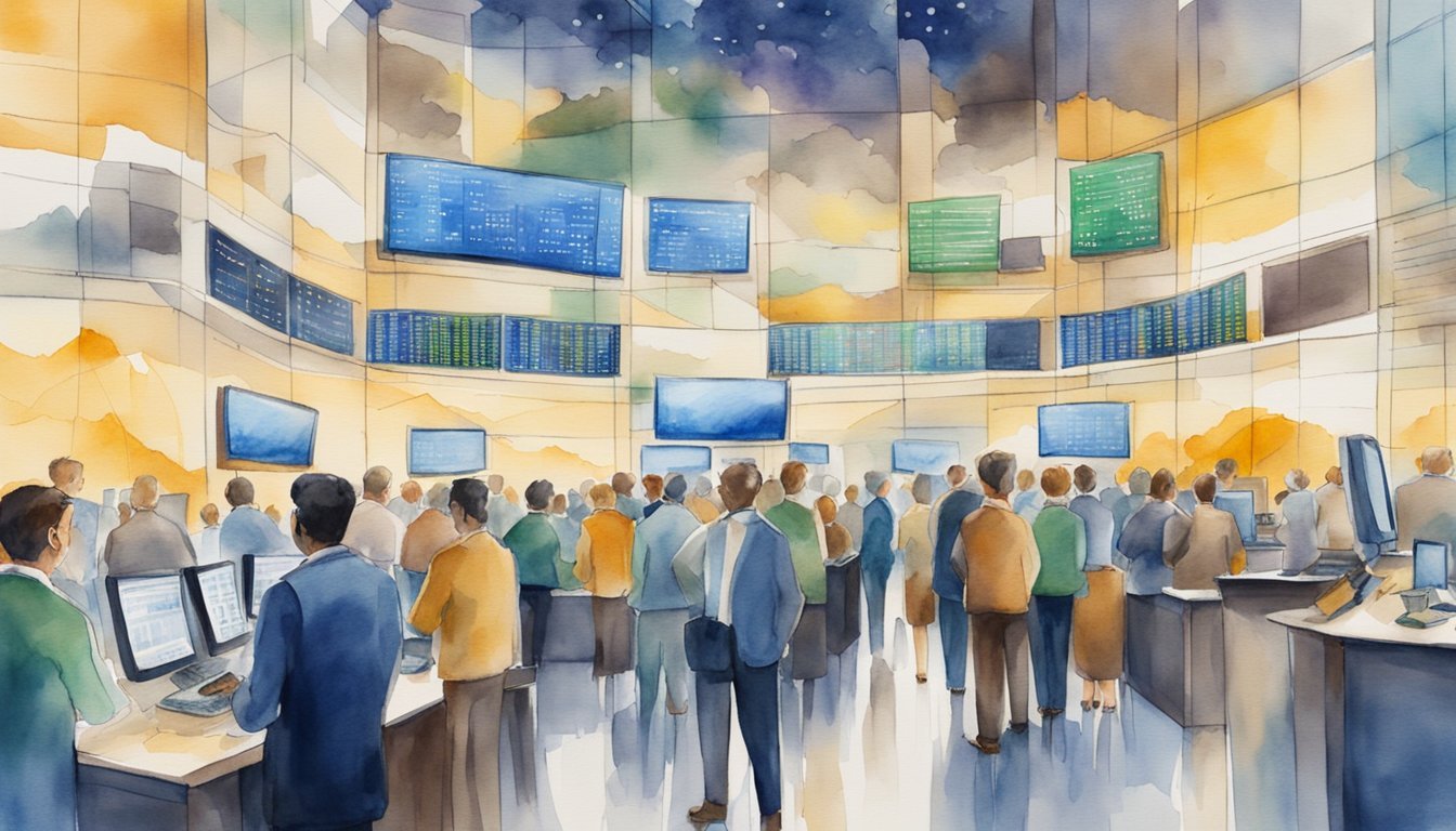 A bustling financial market with traders, screens displaying stock prices, and charts showing market trends.</p><p>The atmosphere is filled with energy and anticipation