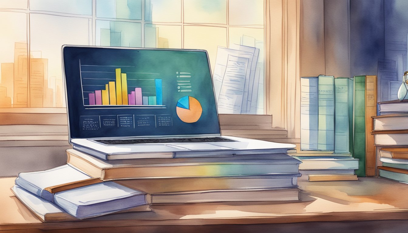 A stack of books with titles on investing concepts, surrounded by a laptop and notebook, set against a backdrop of financial charts and graphs