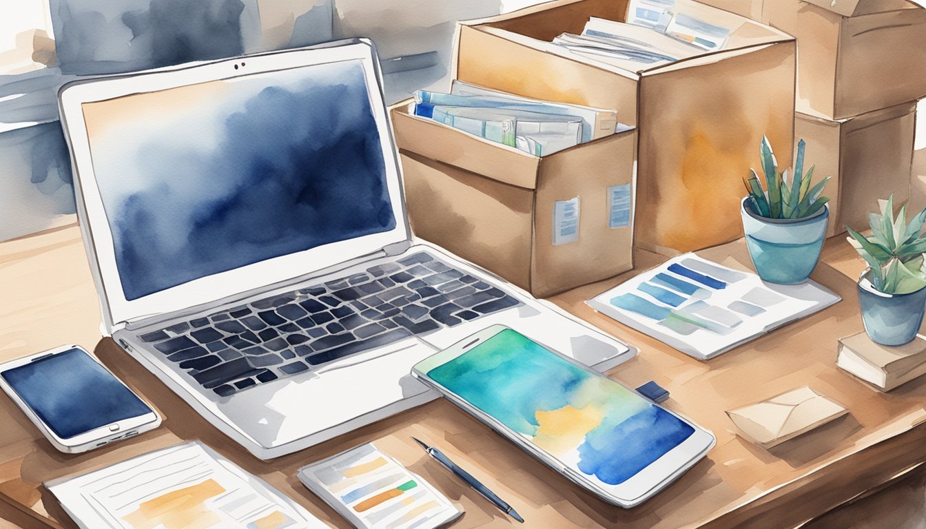 A laptop sits open on a desk, surrounded by shipping boxes and product inventory.</p><p>A smartphone displays a dropshipping app, while a notebook with "8 Steps to Success" is visible