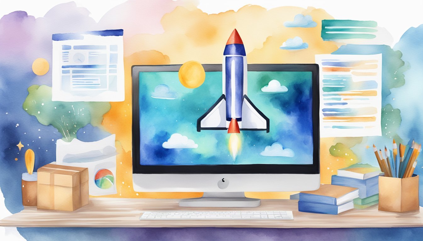 A computer screen displaying a step-by-step guide to starting a dropshipping business, surrounded by marketing materials and a rocket launching into the sky