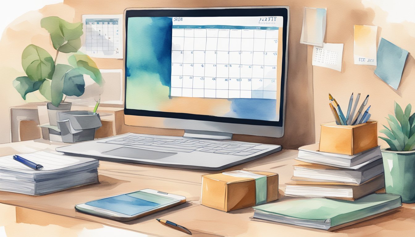 A desk with a laptop, notepad, and pen.</p><p>A stack of shipping boxes nearby.</p><p>A wall calendar with the date circled.</p><p>A phone displaying a dropshipping app