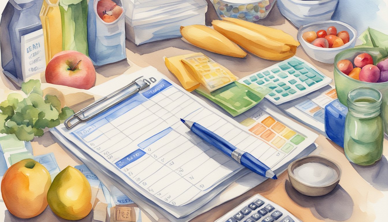 A well-organized grocery list with items grouped by category, a stack of coupons, and a calculator to tally up savings.</p><p>A person comparing prices and selecting generic brands.</p><p>A filled reusable grocery bag