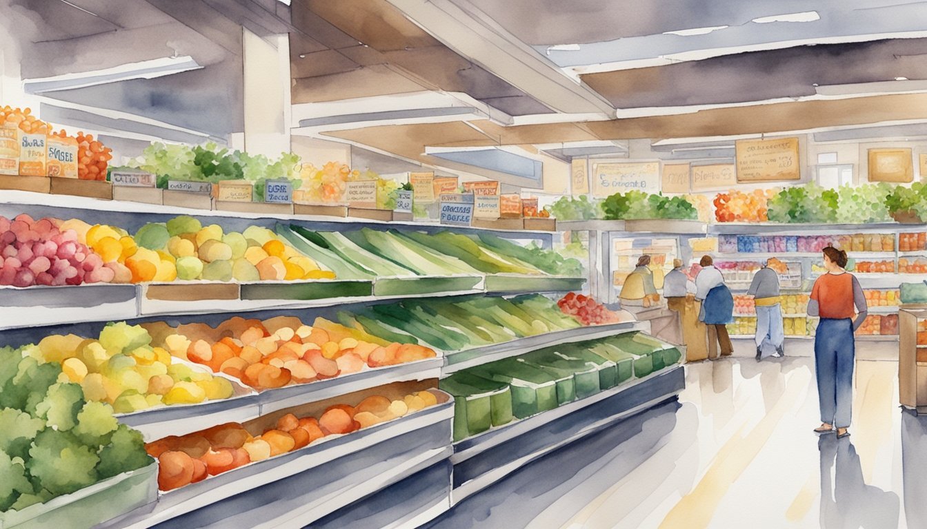 A bustling grocery store with colorful displays of fresh produce, shelves stocked with canned goods, and signs advertising discounts and special offers