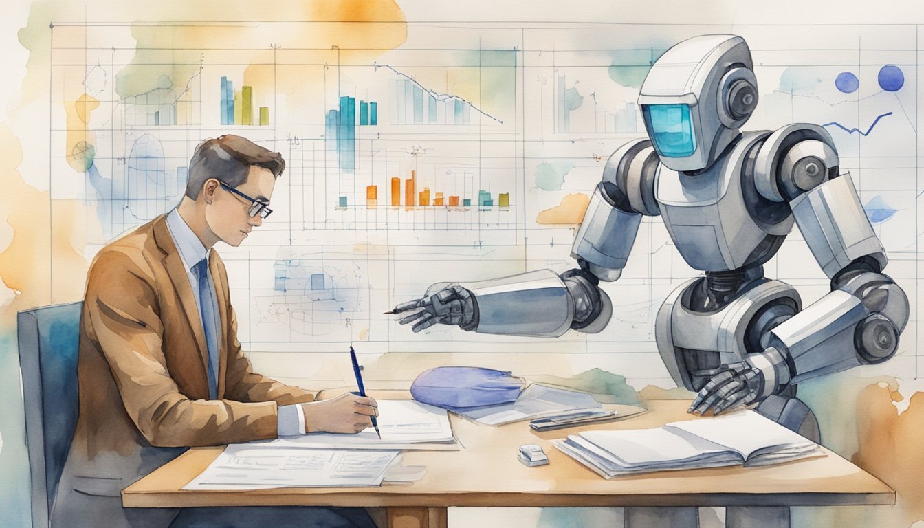 A robotic figure stands opposite a human figure, surrounded by financial charts and graphs.</p><p>They are engaged in a discussion, with the robotic figure displaying digital data, while the human figure holds a pen and paper