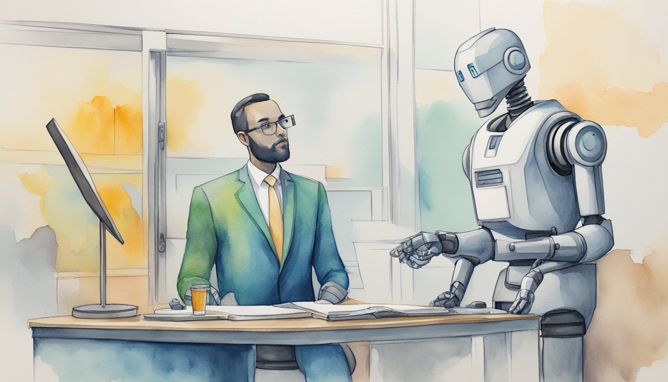 A robot advisor stands beside a human financial advisor, with a scale showing lower fees on the robot's side