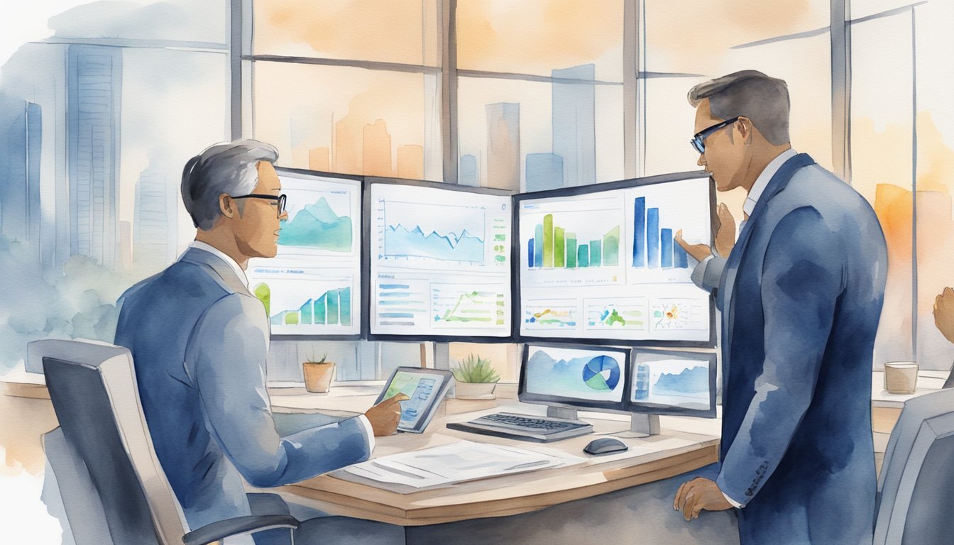 A human financial advisor confidently explains investment strategies to a client, while a robo-advisor sits in the background, displaying charts and graphs on a digital screen