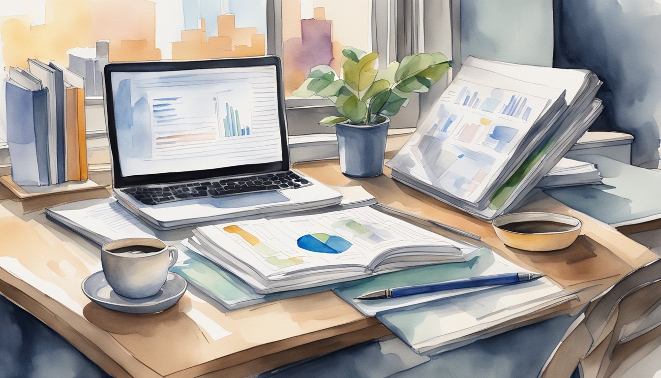 A desk cluttered with real estate investment books, charts, and a laptop.</p><p>A pen hovers over a notepad, ready to jot down important insights.</p><p>A cup of coffee sits nearby, fueling the investor's determination