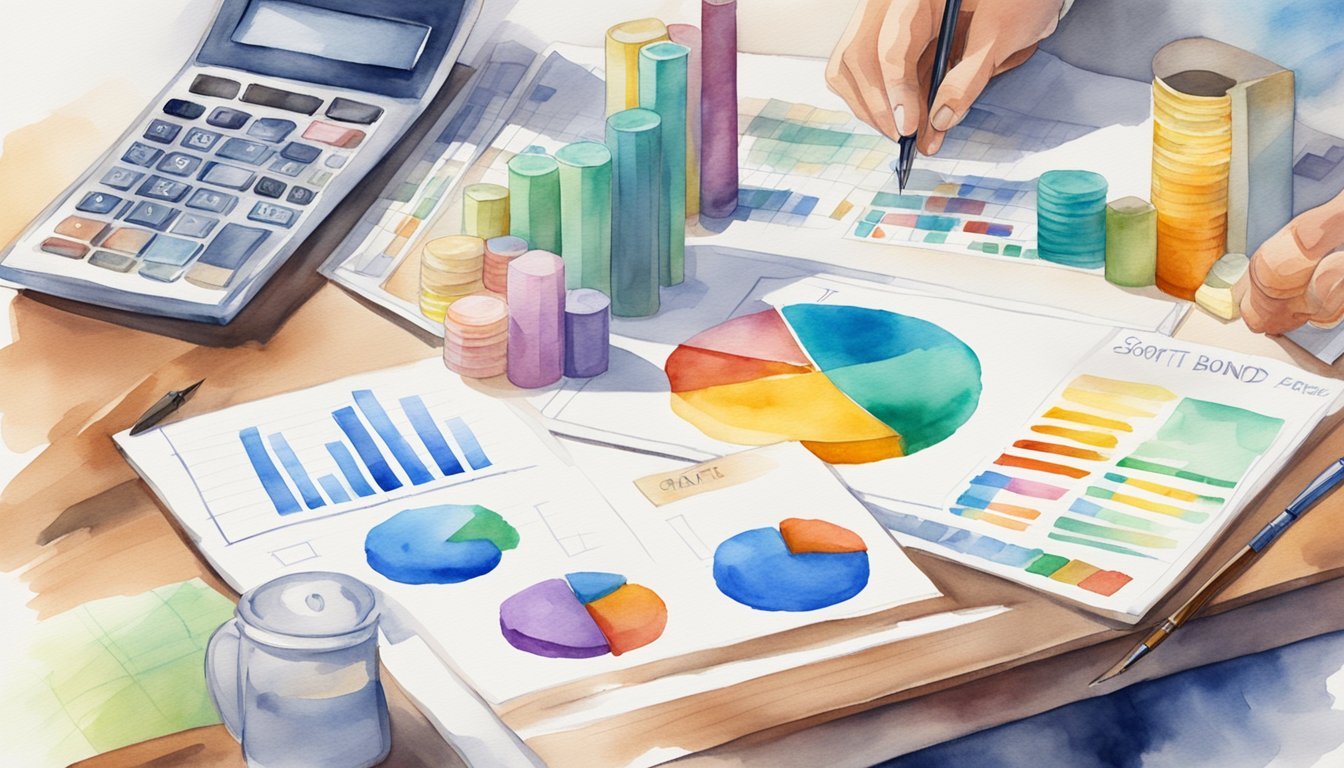 A diverse array of investment assets, including stocks, bonds, real estate, and commodities, are arranged on a table with a chart showing growth