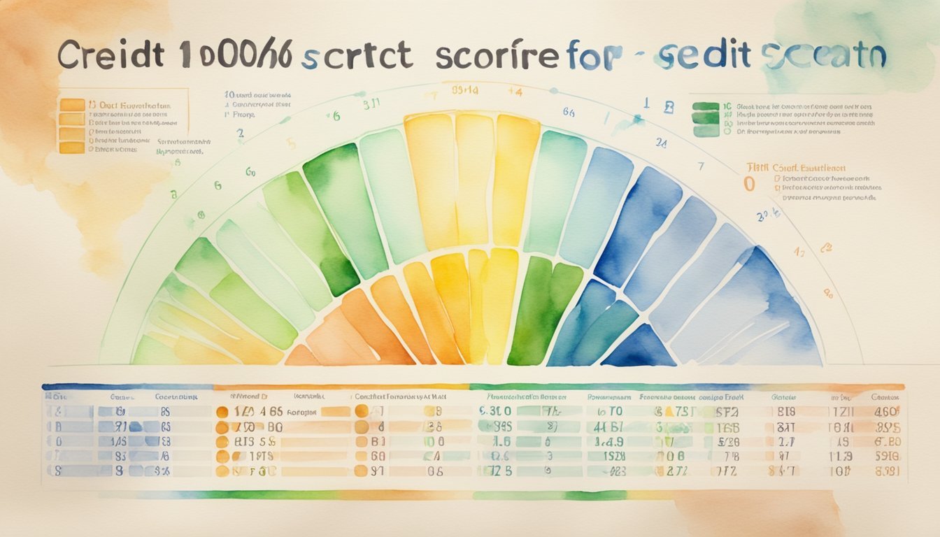 A credit score chart with a scale from poor to excellent, a person applying for a credit card, and 10 important points listed below the chart