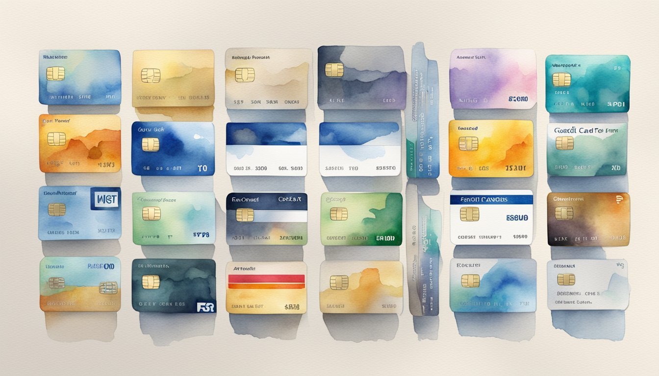 A variety of credit cards arranged in a neat row, each with different designs and logos.</p><p>A checklist of "10 Things To Know Before You Apply for a Credit Card" is displayed next to them