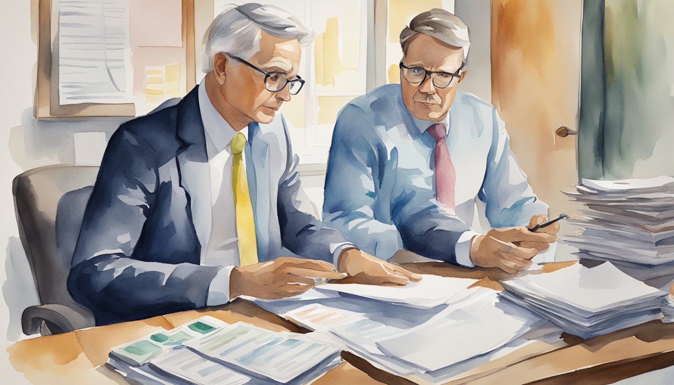 A person sitting at a desk, surrounded by paperwork and looking confused while a financial advisor tries to explain services