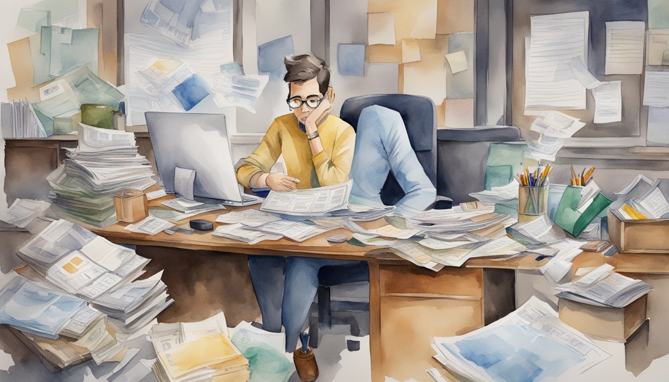 A person sitting at a cluttered desk, with bills and financial documents scattered around.</p><p>They look confused and overwhelmed as they try to choose a financial advisor