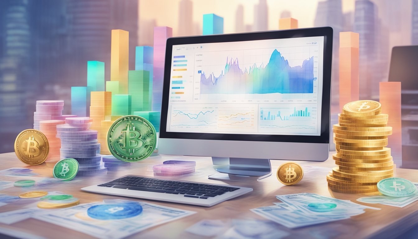 A stack of cryptocurrency charts and graphs, a computer screen displaying market data, and a variety of digital currency symbols scattered on a desk