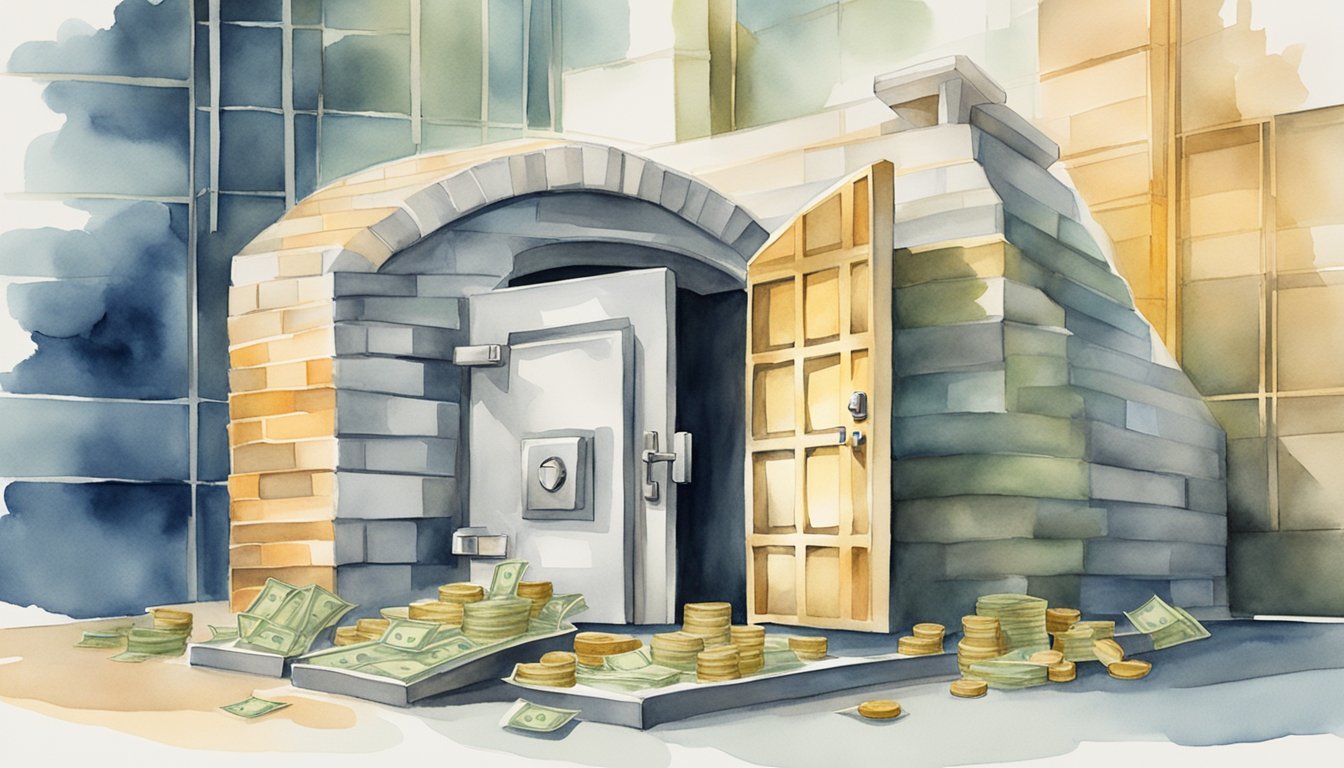 A cozy, fortified bank vault with stacks of money symbolizing the 10 benefits of high-yield savings accounts.</p><p>The vault door is closed, representing the security and protection these accounts offer