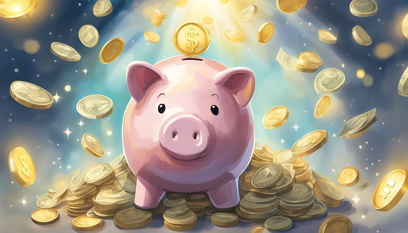 A piggy bank overflowing with coins and dollar bills, surrounded by a glowing halo of light, symbolizing the benefits of high-yield savings accounts